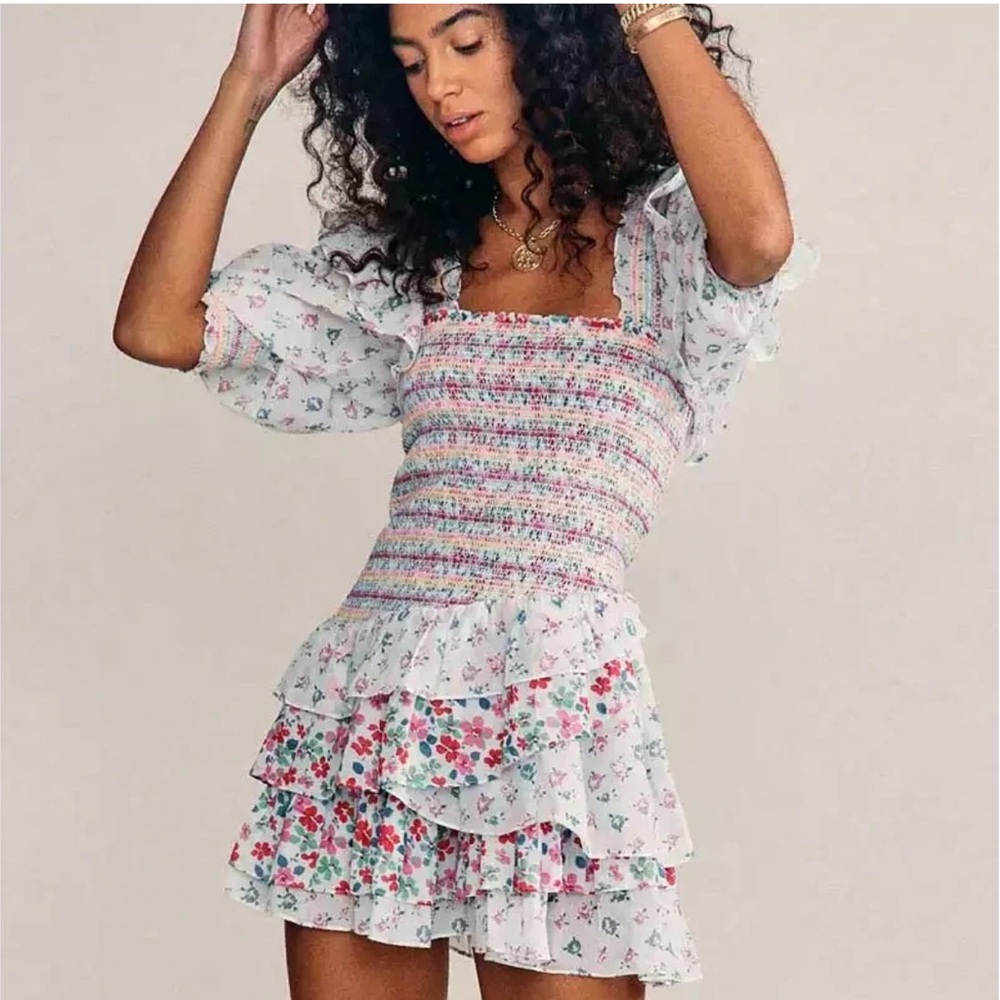 Pink and White Smocked Puff Sleeve Mini Dress
